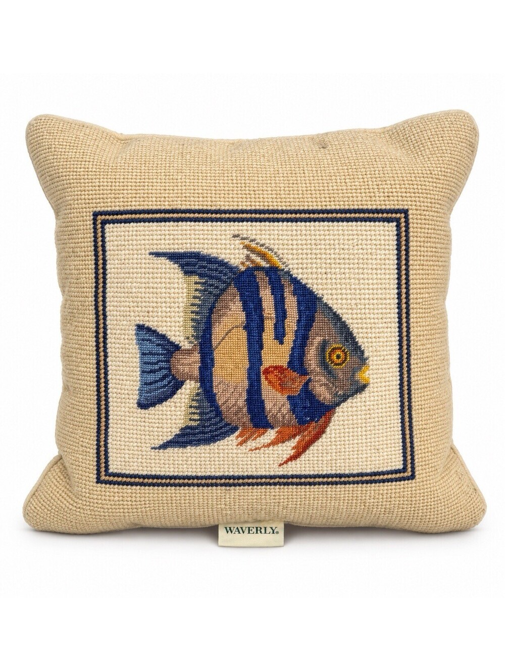 Waverly Tropical Fish Needlepoint Throw Pillow 12” Square Coastal Beige Blue